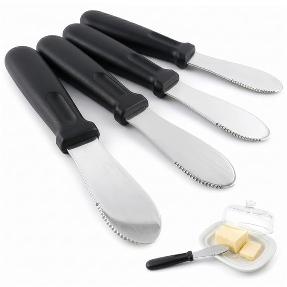 Butter Spreader Knife Set of 4 with Plastic Handle - Butter Knives for Cream Cheese, Jam, Jelly, Cheese Board, Charcuterie, Bagel, Sandwich, Toast - 4 Inch Stainless Steel Wide Blade, Hand Wash Only