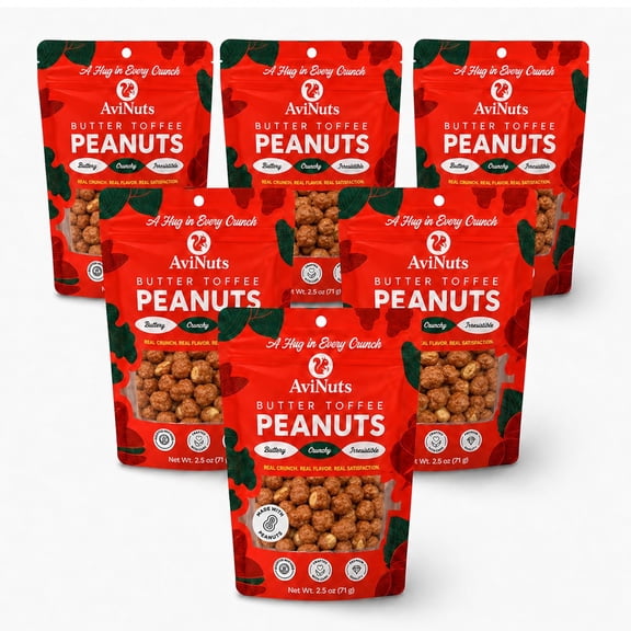 AviNuts Butter Toffee Peanuts, Sweet & Crunchy Toffee Coated Peanuts, Single Serve Snack packs, 6 pack, 2.5 oz Each (Total 15 oz)