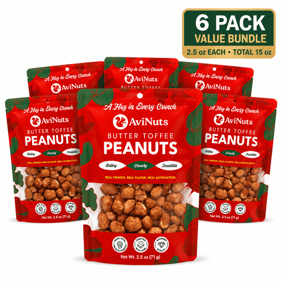 AviNuts Butter Toffee Peanuts, Sweet & Crunchy Toffee Coated Peanuts, Single Serve Snack packs, 6 pack, 2.5 oz Each (Total 15 oz)