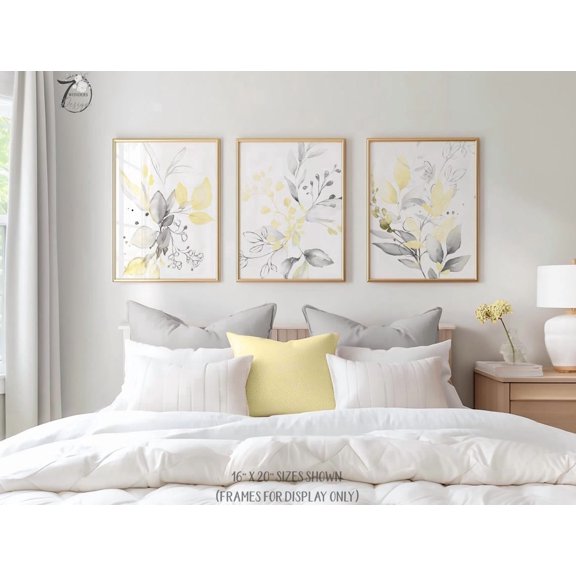 Butter Yellow Gray Botanical Prints Set Of 3, Soft Neutral Floral Wall Art