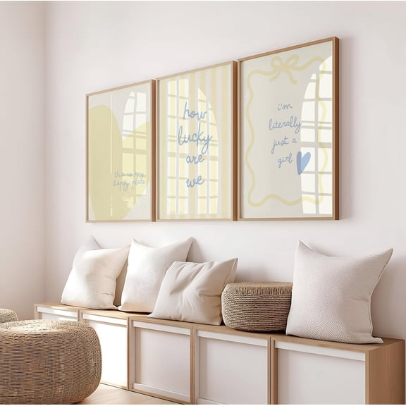 Butter Yellow Pastel Stripe Heart Posters Set Of 3, Trendy Wall Art