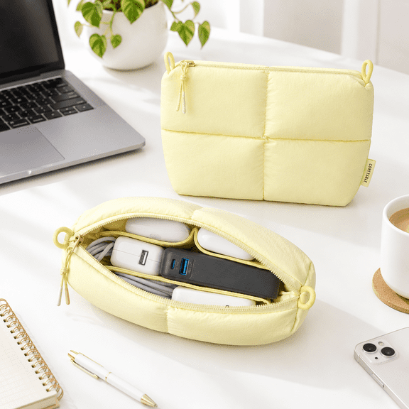 Butter Yellow Puffy Electronics Organizer Travel Case, Compact Tech Pouch for Cables and Accessories