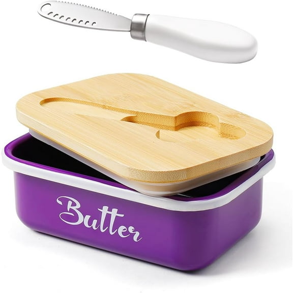 Butter dish with lid, countertop butter dish, metal butter box with stainless steel multi-purpose butter knife, large butter container with silicone home decor kitchen gift