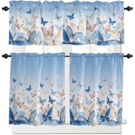Butter-fly Art Kitchen Curtains and Valance Set Farmhouse Window Curtain Valance 54x18, Gradient Sky Blue Vintage Pastoral Romantic Decor Small Short Half Tier Curtains for Bathroom Cafe 55x36 Inch