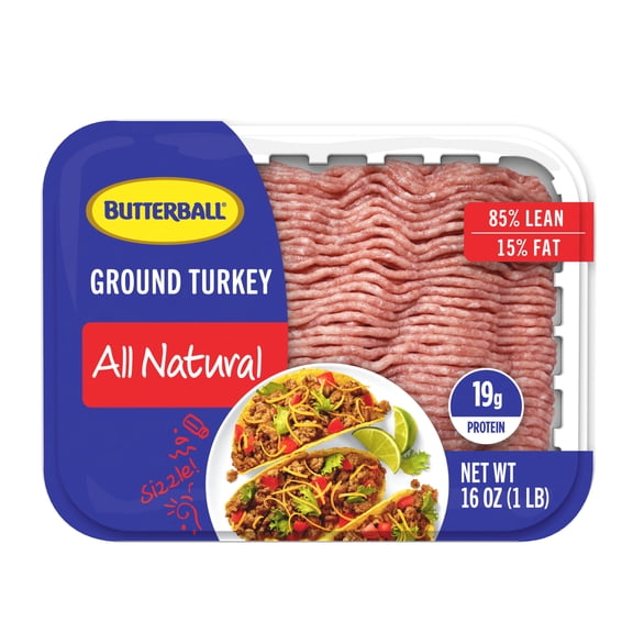 Butterball All Natural Fresh Ground Turkey, 85%/15%, Tray, 1 Pound, 19 Grams of Protein