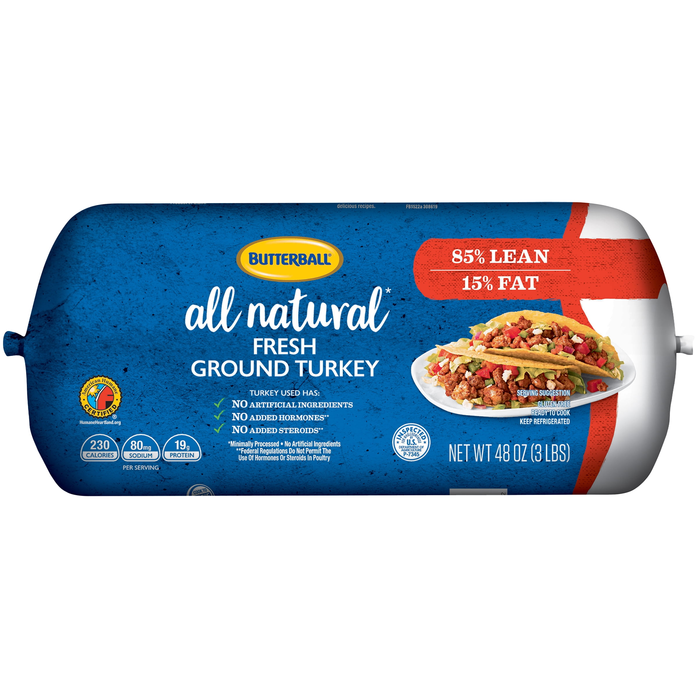 Butterball All Natural Fresh 85/15 Lean Ground Turkey, FamilySized, 3 lb. Roll