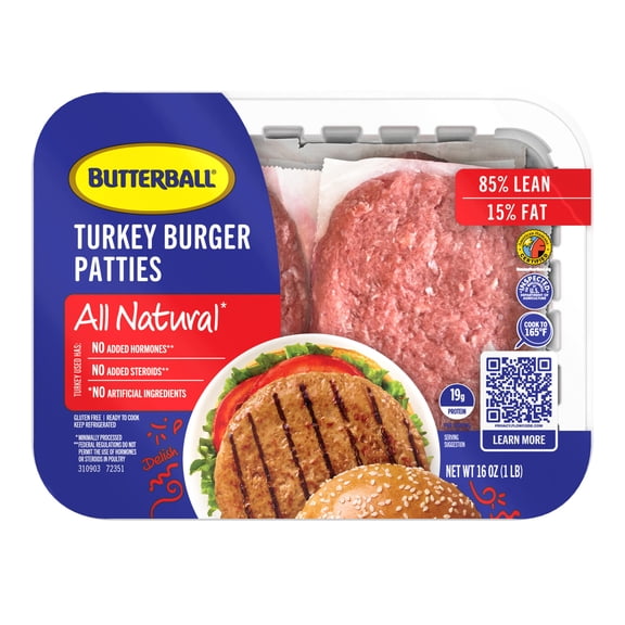 Butterball All Natural Fresh 85/15% Lean Turkey Burger Patties, 16oz, 4 Count