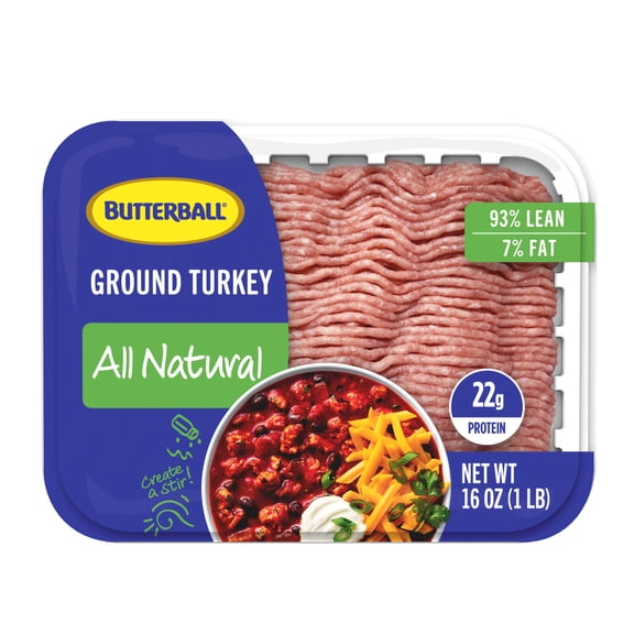 Butterball All Natural Fresh Ground Turkey, 93/7%, Tray, 1 Pound, 22 Grams of Protein