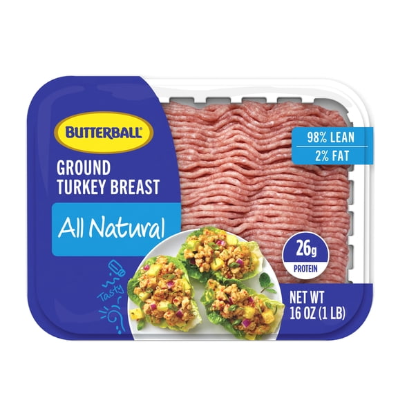 Butterball All Natural Fresh Ground Turkey, 98/2%, Tray, 1 Pound, 26 Grams of Protein