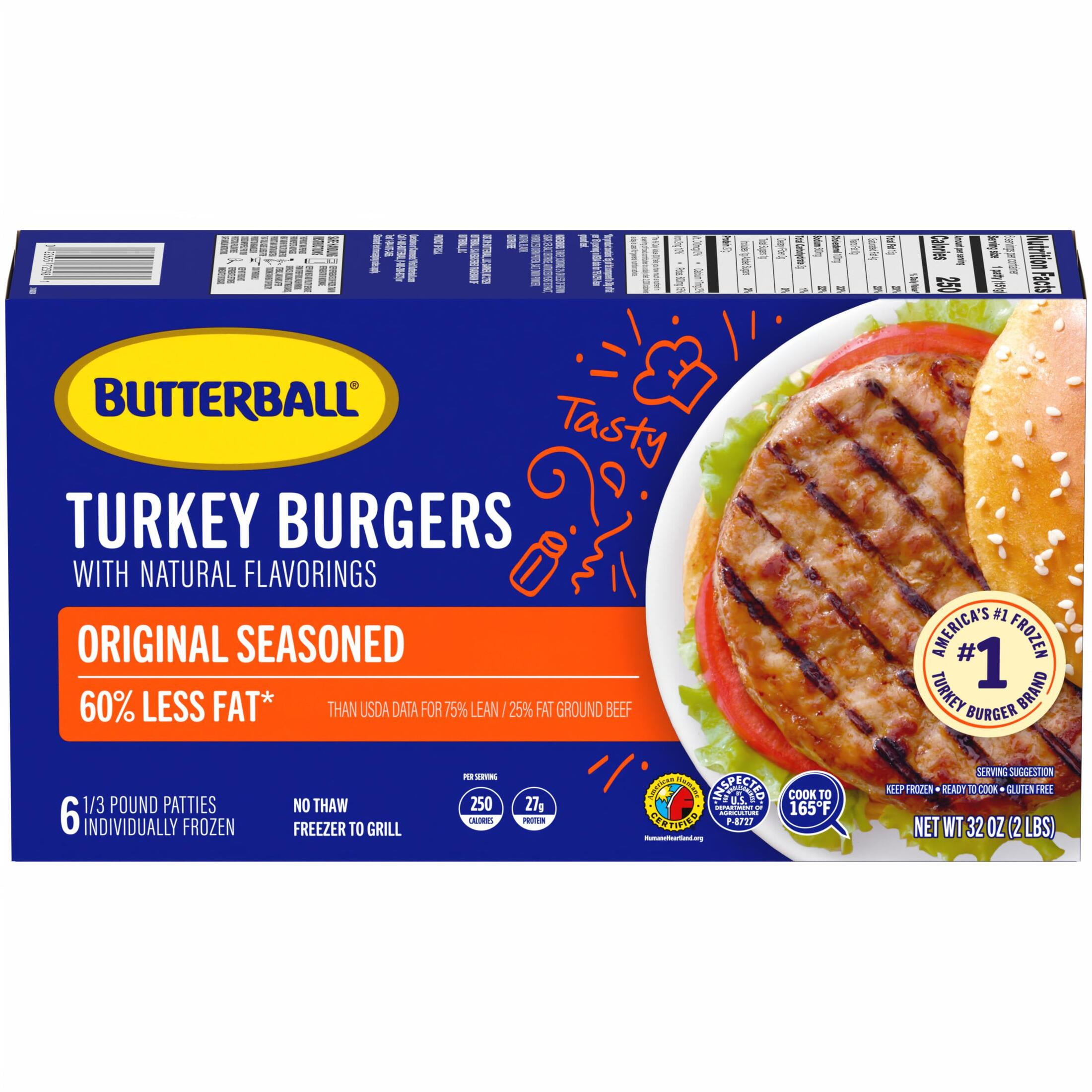 Butterball Frozen Turkey Burgers, Original Seasoned, 1/3 lb Patties, 6 Count/2 lbs
