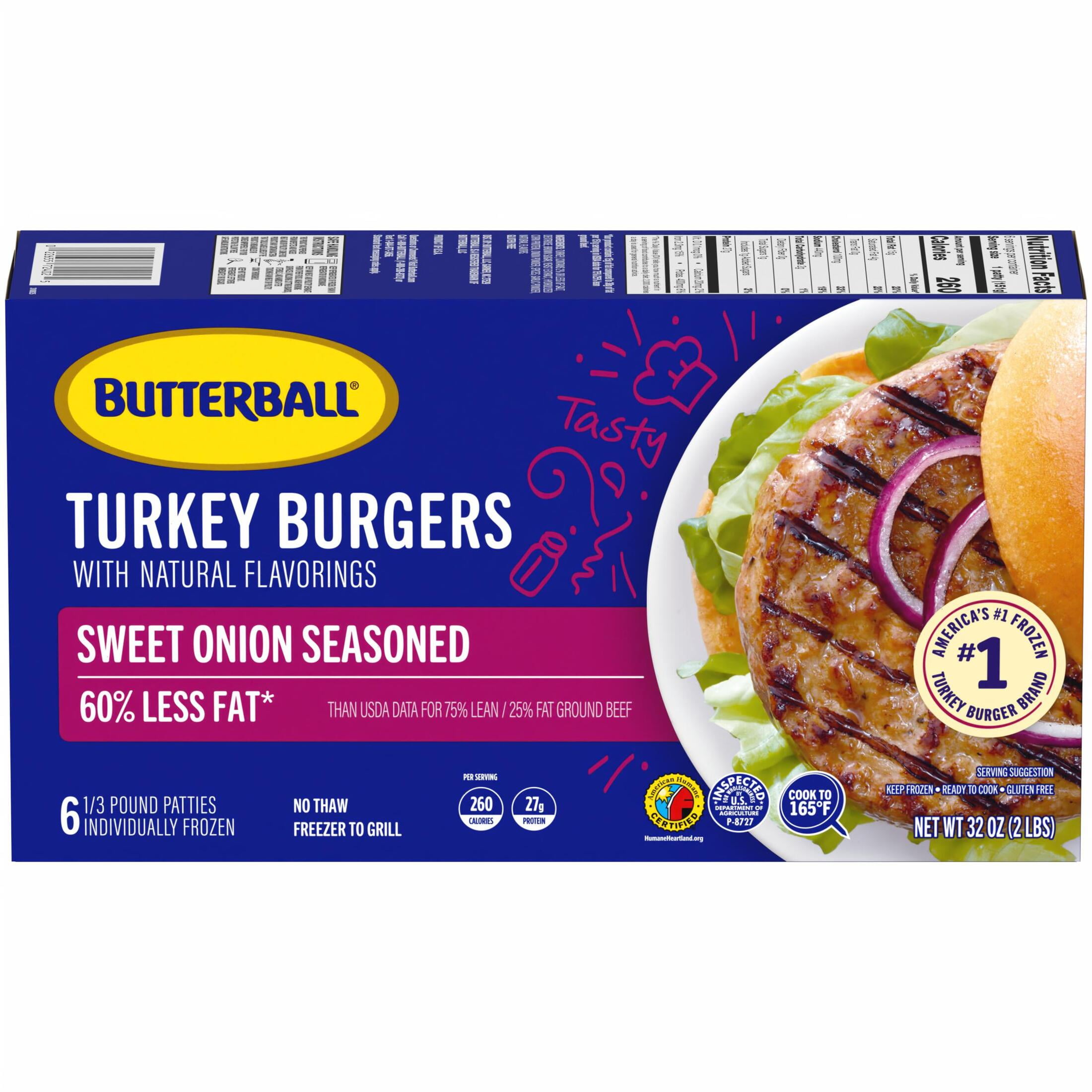 Butterball Frozen Turkey Burgers, Sweet Onion Seasoned, 1/3 lb Patties