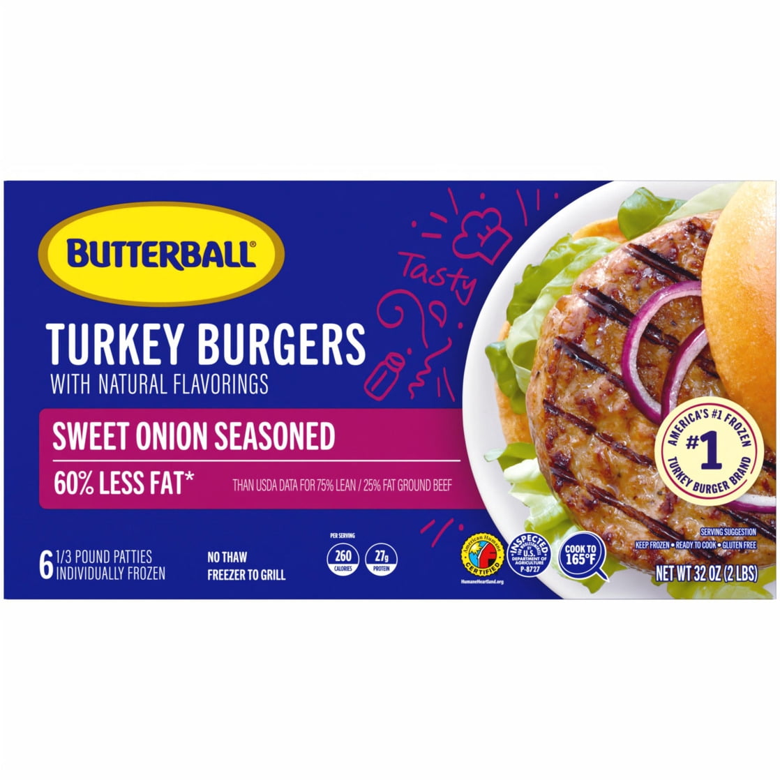 Butterball Frozen Turkey Burgers, Sweet Onion Seasoned, 1/3 lb Patties