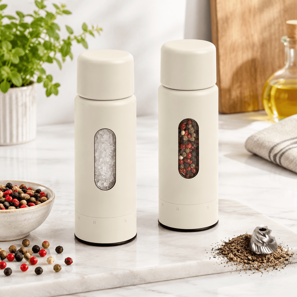 Disigen Pepper Buttercream Salt and Pepper Mill Set with Adjustable Coarseness and ...