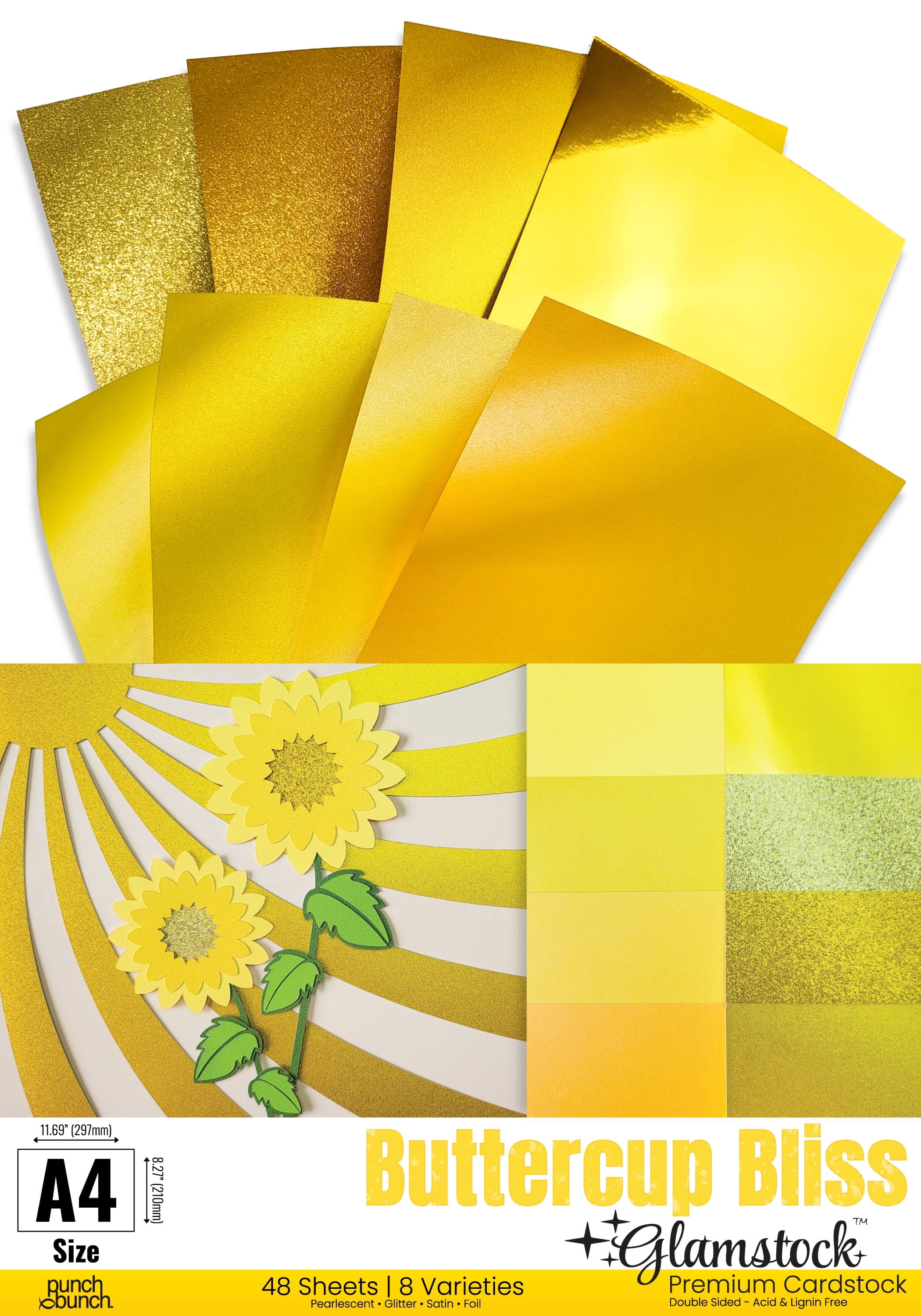 Buttercup Bliss Glamstock™ – Premium Yellow Cardstock Book featuring Pearlescent, Satin, Foil & Glitter Papers, 48 Pages, A4 Size, for Scrapbooking, Crafts & Invitations