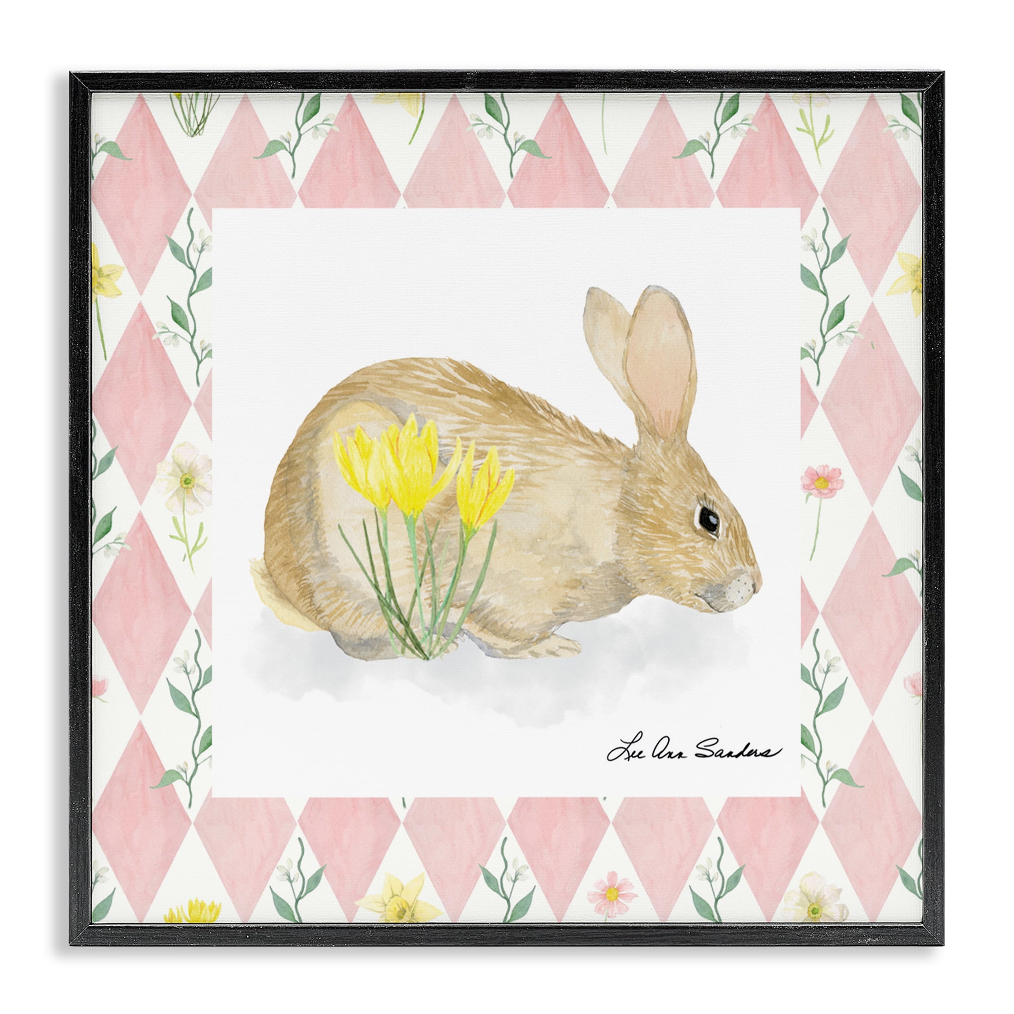 Buttercup Bunny on Pink Argyle Black Framed Giclee Art, design by Lee Ann Sanders
