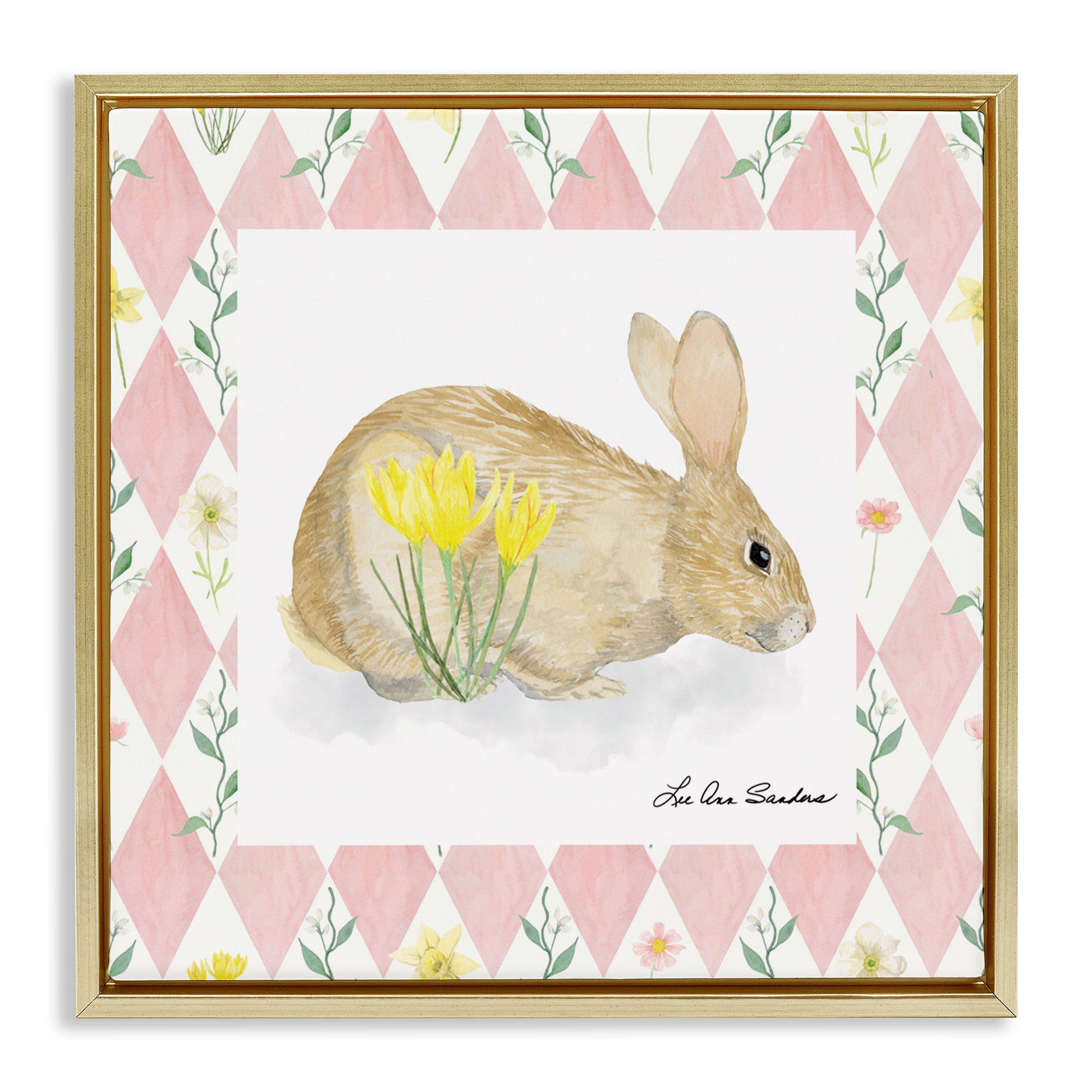 Buttercup Bunny on Pink Argyle Gold Framed Floater Canvas Wall Art, design by Lee Ann Sanders