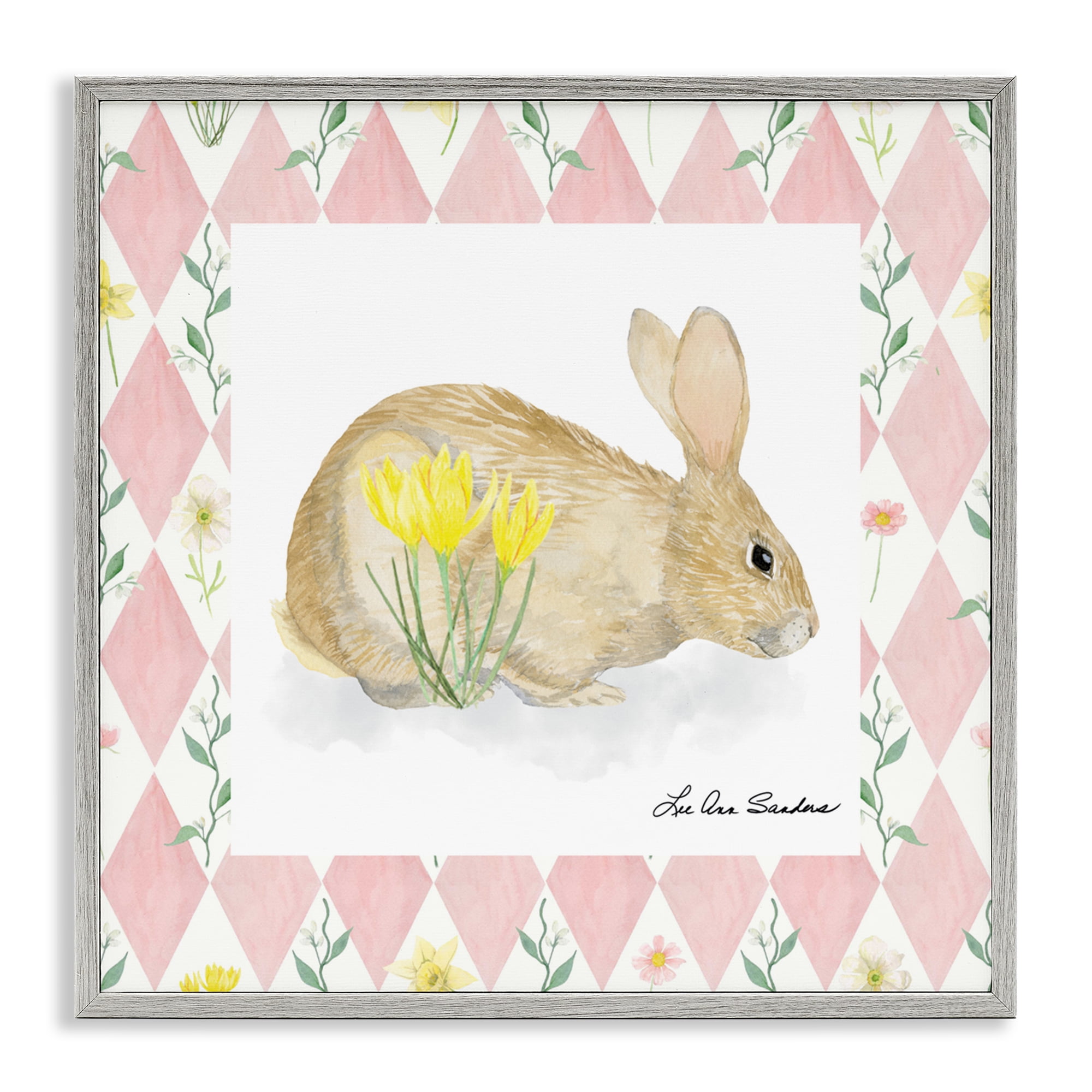 Buttercup Bunny on Pink Argyle Gray Framed Giclee Art, design by Lee Ann Sanders