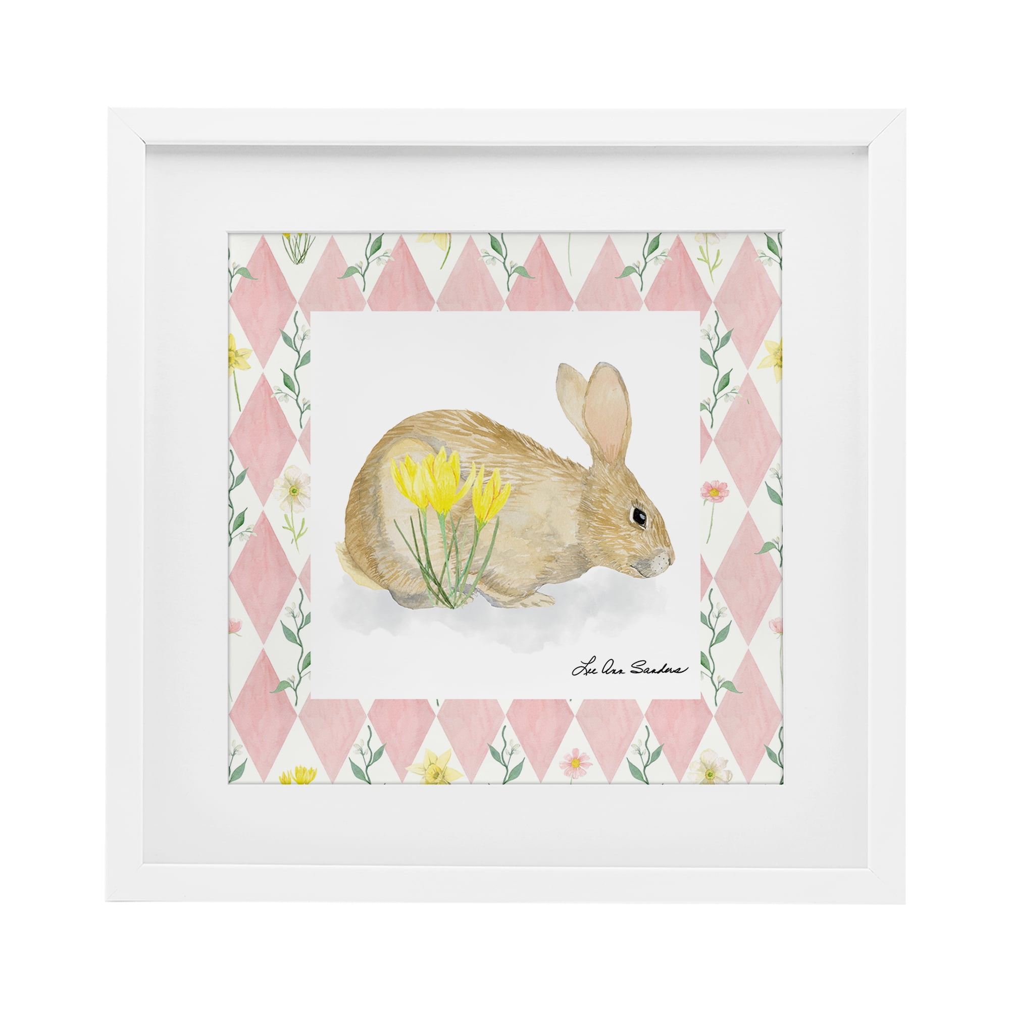 Buttercup Bunny on Pink Argyle White Framed Print Under Glass, design by Lee Ann Sanders