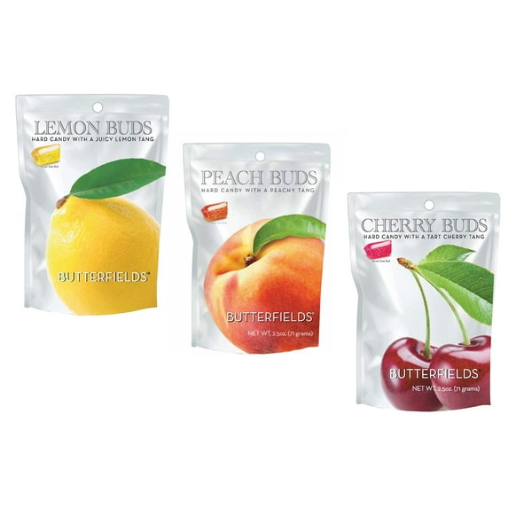 Butterfields Candy - Gourmet, Old-Fashioned Hard Candy - PEACH, CHERRY, & LEMON Buds | Gluten Free | Made with 100% Real, Pure Cane Sugar | Handcrafted in the USA- 2.5 oz 