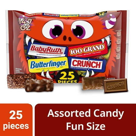 Butterfinger, CRUNCH, Baby Ruth, 100 Grand Fun Size Assorted Halloween Candy Bars, Bulk 25 Count Pack, 14.7 oz