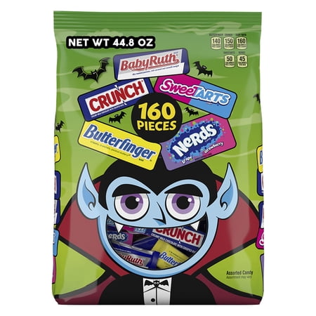 Butterfinger, CRUNCH, Baby Ruth, NERDS, SweeTARTS, 160 Count, Candy Variety Pack, Individually Wrapped Assorted Mini Size Halloween Candy, 44.8 oz Bag