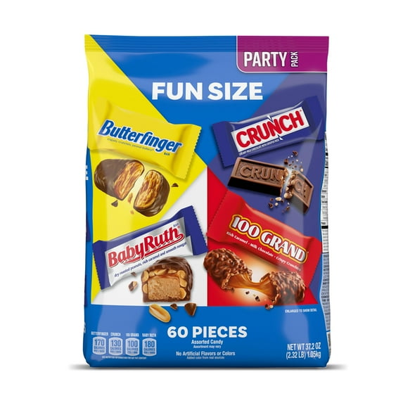 Butterfinger, CRUNCH, Baby Ruth And 100 Grand, Bulk 60 Pack, Assorted Fun Size Chocolate Candy Bars, White Elephant Gifts, 37.2 Oz