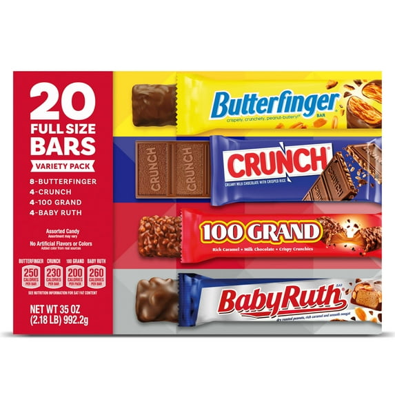Butterfinger, CRUNCH, Baby Ruth and 100 Grand, Assorted Full Size Candy Bars, Bulk 20 Pack