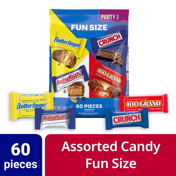 Assorted Butterfinger, Crunch, Baby Ruth, and 100 Grand Fun Size Chocolates, 60 count Party Pack, 37.2 oz