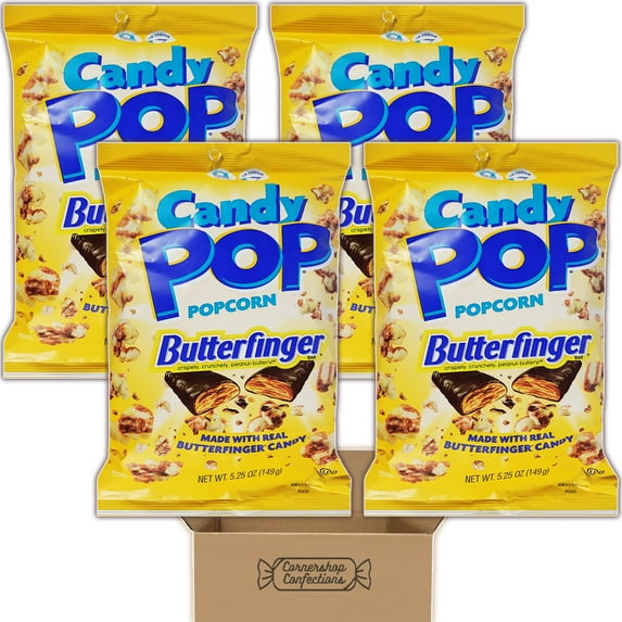 Butterfinger Candy Pop Bulk Pack - 4 Individually Sealed 5.25 Ounce Bags - Candy Coated Popcorn - Made With Real Butterfinger Candy - For Snacks, Lunches, Movies in Cornershop Confections Pack