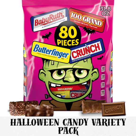 Butterfinger, Crunch, Baby Ruth, 100 Grand, Halloween Assorted Candy, 80 count, 31.8oz