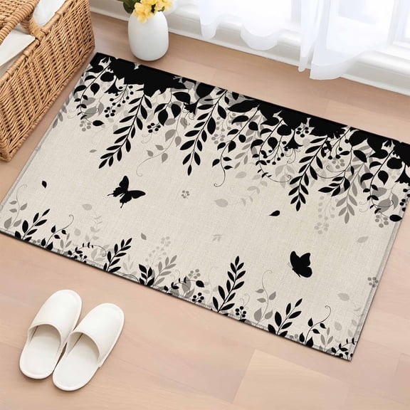 Butterflies 2'x3' Rug for Entryway Front Door Kitchen Sink Area, Spring Black Butterfly Falling Leaf Plant Silhouette Linen Texture Low Pile Non Slip Rectangle Area Rug, Machine Washable Indoor Mat