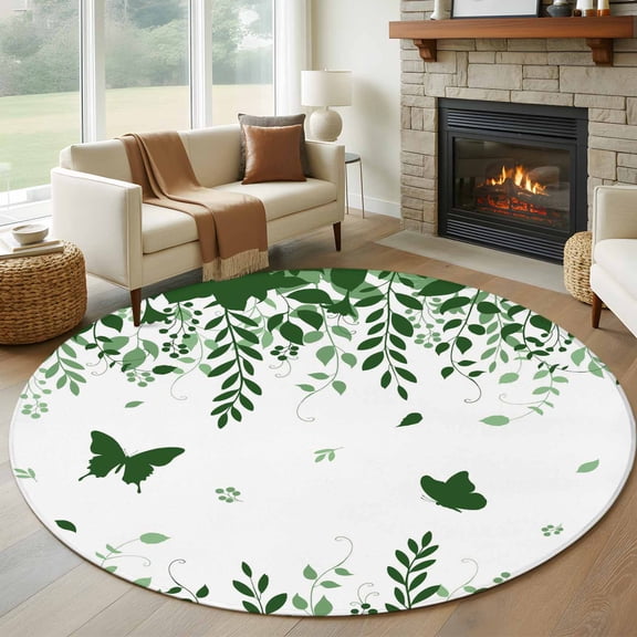 Butterflies 8' Round Rug for Open Concept Living Room Seating Zone, Spring Green Butterfly Falling Leaf Plant Silhouette Non Slip Large Circle Area Rug, Machine Washable Indoor Outdoor Mat