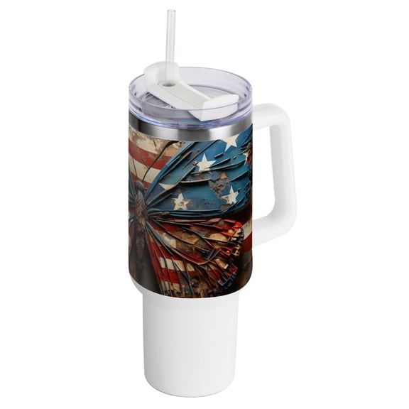 Butterflies American Flag 40 oz Tumbler with Handle InsulatedTravel MugLid Straw Leak Proof Steel Vacuum Water Bottles Glasses Fits in Car Cup Holder