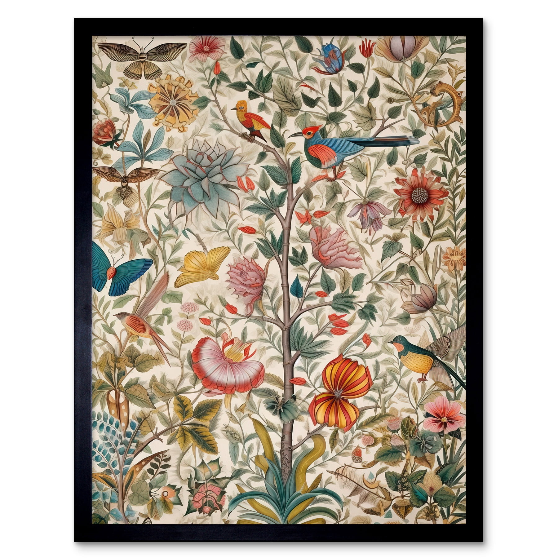 Butterflies And Flower Plants Pattern Folk Art Watercolour Painting Art ...