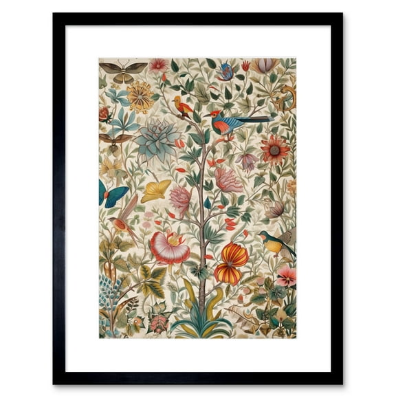 Butterflies And Flower Plants Pattern Folk Art Watercolour Painting Artwork Framed Print Wall Art 9X7 Inch