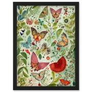 Butterflies And Leaves Folk Art Watercolour Painting Artwork Framed Wall Art Print A4