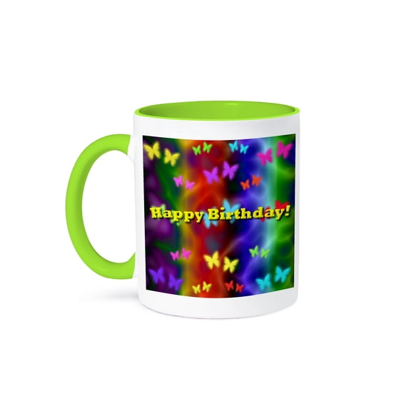 3dRose, Butterflies and Rainbows Birthday , 11oz Two-Tone Green Mug