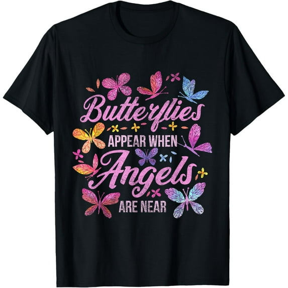 Butterflies Appear When Angels Are Near Butterfly T-ShirtMen and women, Black T-shirt, size: Extra large