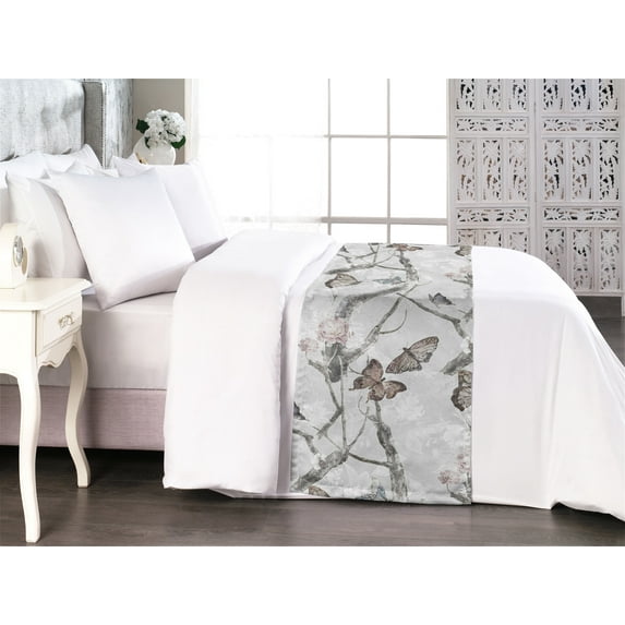 Butterflies Bed Runner, Watercolor Design Branches Spring Life on Neutral Colored Backdrop, Decorative Accent Bedding Scarf for Hotels Homes & Guest Rooms, Queen, Pale Grey Sepia Blush, by Ambesonne