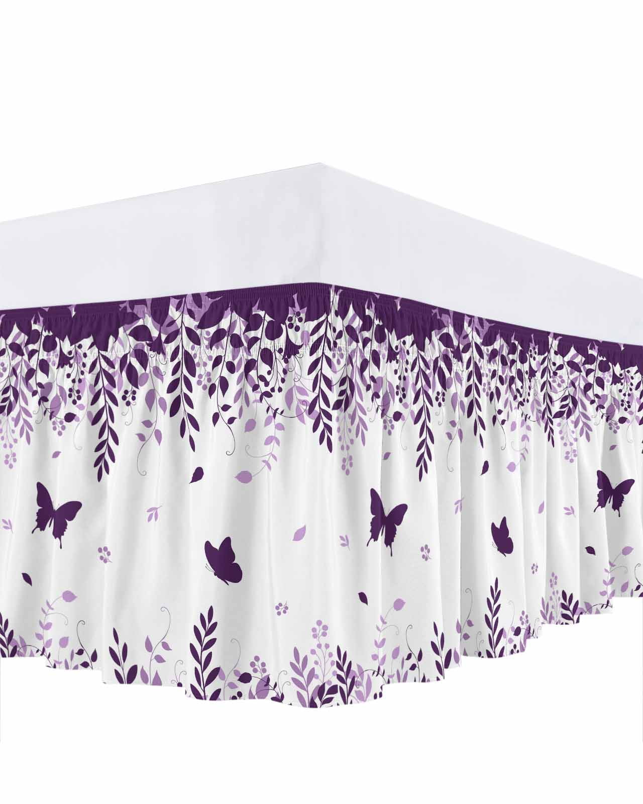 Butterflies Bed Skirt Queen Size 16 Inch Drop, Spring Purple Butterfly Falling Leaf Plant Silhouette Adjustable Elastic Dust Ruffles Bedskirt for Queen Bed Wrap Around Pleated Mattress Frame Cover