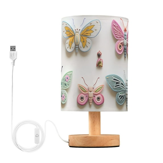Butterflies Bedside Table Lamp LED Warm Lights with USB Charging Port Retro Cylinder Desk Lamps