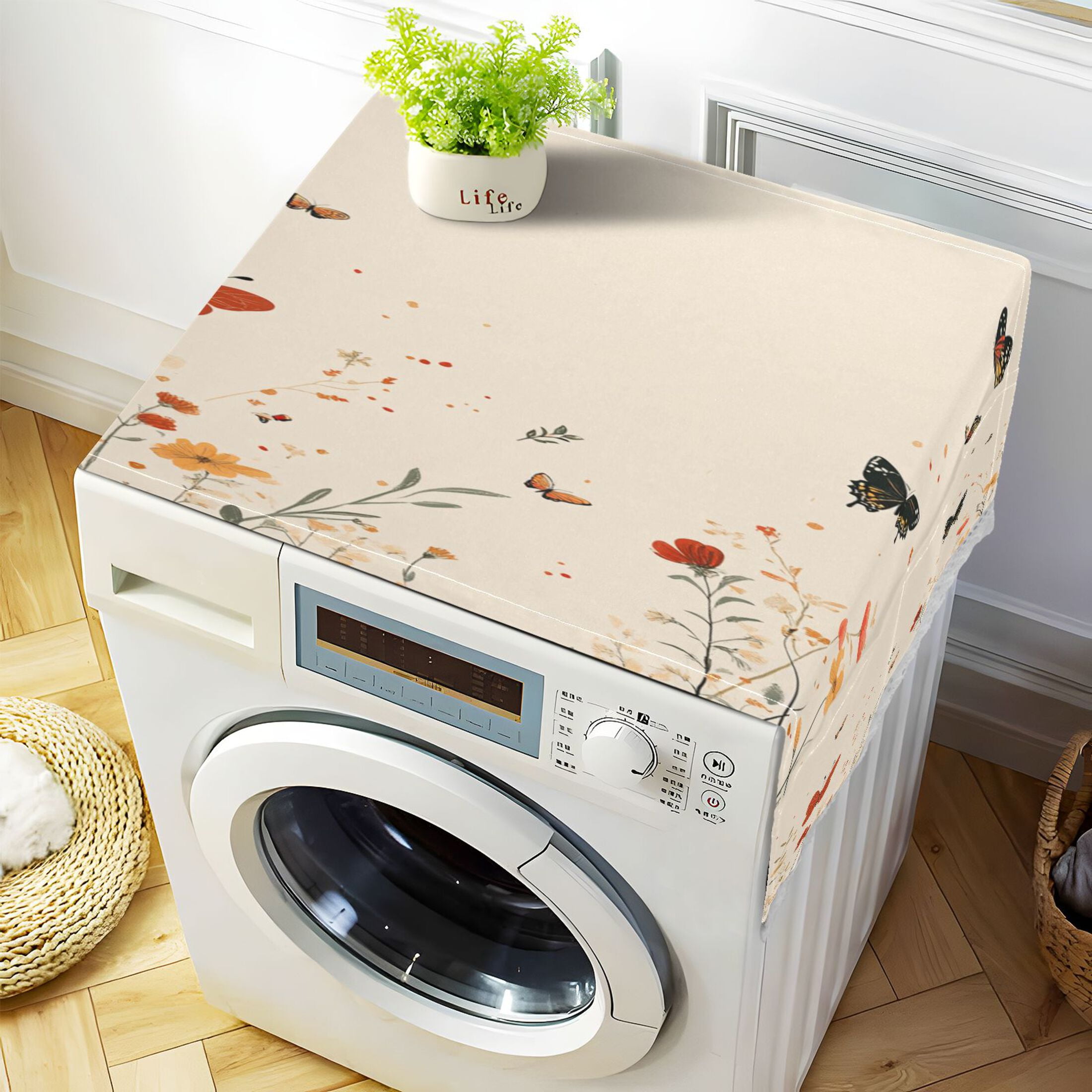 Butterflies on A Beige BackgroundWasher and Dryer Covers Dust-Proof and Oil Resistant Fridge Cover with 4 Storage Pockets Washing Machine Top Cover for Laundry Kitchen Home 51.2 x 22 In