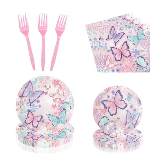 Butterflies Birthday Party Supplies Tableware Set, Disposable Colorful Paper Plates 9 in & 7 in, Butterfly Napkins, Plastic Forks, 40-Piece, Kids Picnic Decoration