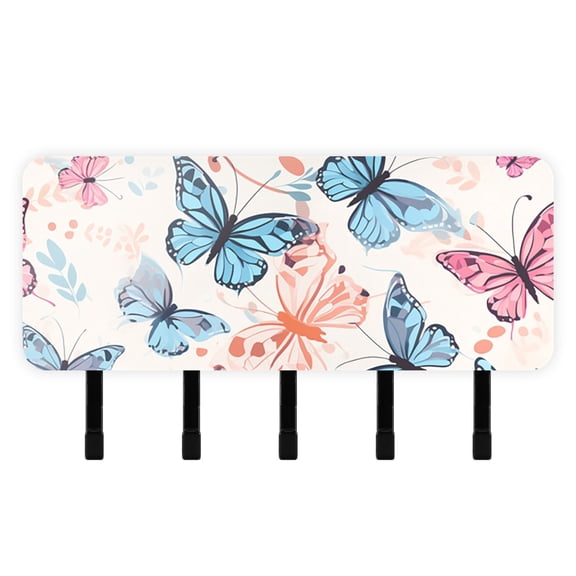 Butterflies Blue Pink Mail Holder Organizer Wall Mount with Shelf Key Holder Key Rack with 5 Key Hooks for Wall Decorative
