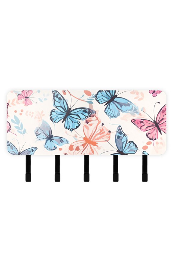 Butterflies Blue Pink Mail Holder Organizer Wall Mount with Shelf Key Holder Key Rack with 5 Key Hooks for Wall Decorative