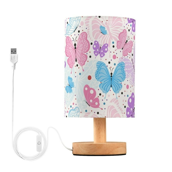 Butterflies Blue Pink and Purple Bedside Table Lamp LED Warm Lights with USB Charging Port Retro Cylinder Desk Lamps