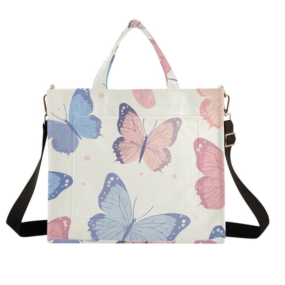 Butterflies Blue and Pink Corduroy Tote Bag Handbag Large Messenger Bag Shoulder Crossbody Zipper Bag Purse