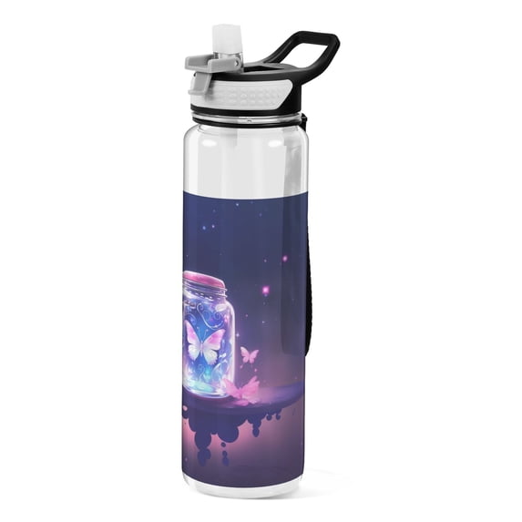 Butterflies Bottle Sports Water Bottle Portable Travel Mug 32oz BPA Free Leak Proof Straw Transparent Tritan for Gym Yoga Cycling Camping
