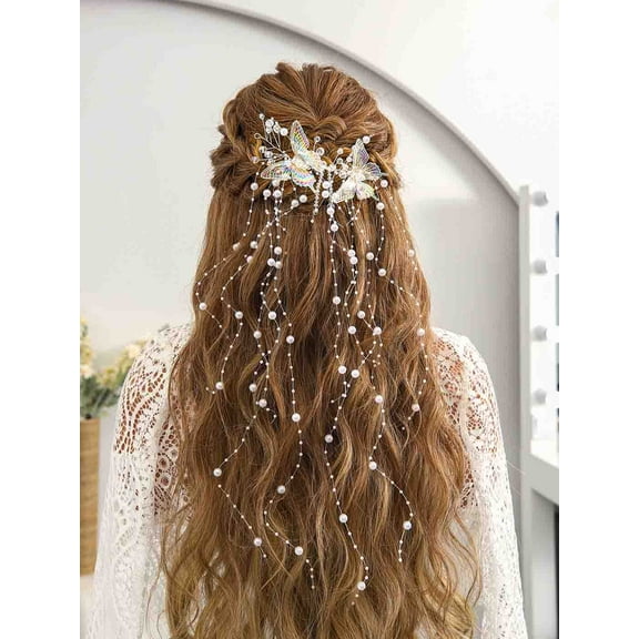 Butterflies Bride Wedding Hair Vine Silver Pearl Bridal Headband Rhinestone Headpiece Hair Accessories for Women and Girls