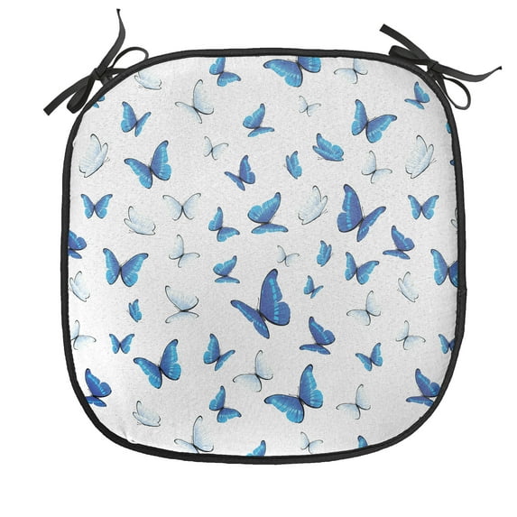 Butterflies Chair Seating Cushion, Butterflies Patterns Seasonal Jolly Rainforest Wilderness Illustration, Soft Seat Pads for Office with Anti-slip Backing, 16"x16", Blue White Black, by Ambesonne